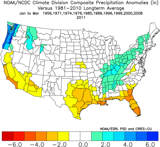 La Niña spring rainfall anomaly map 1981 to 2010